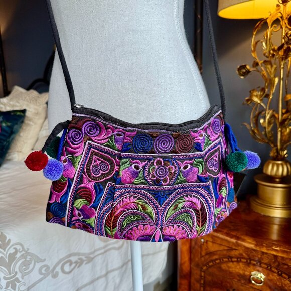 Purple and Pink Embroidered Hmong Crossbody Bag - Picture 2 of 10